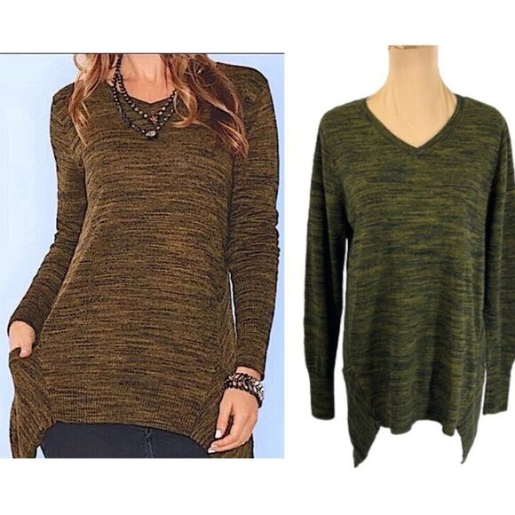 LOGO by Lori Goldstein Sweaters - **Logo By Lori Goldstein Tunic Large Pockets Sweater Green Mélange